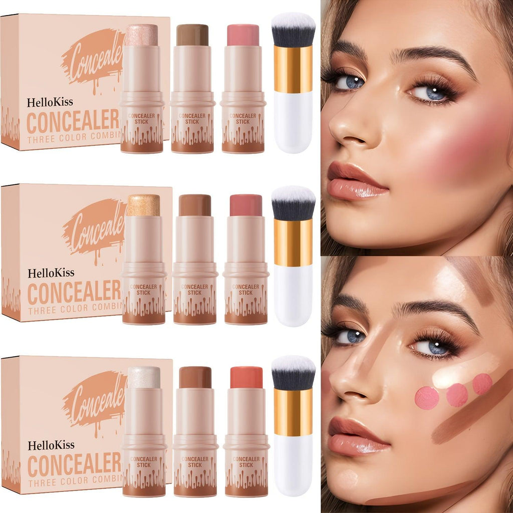 HelloKiss 3pcs Concealer Stick Set with Makeup Brush White Pink Black